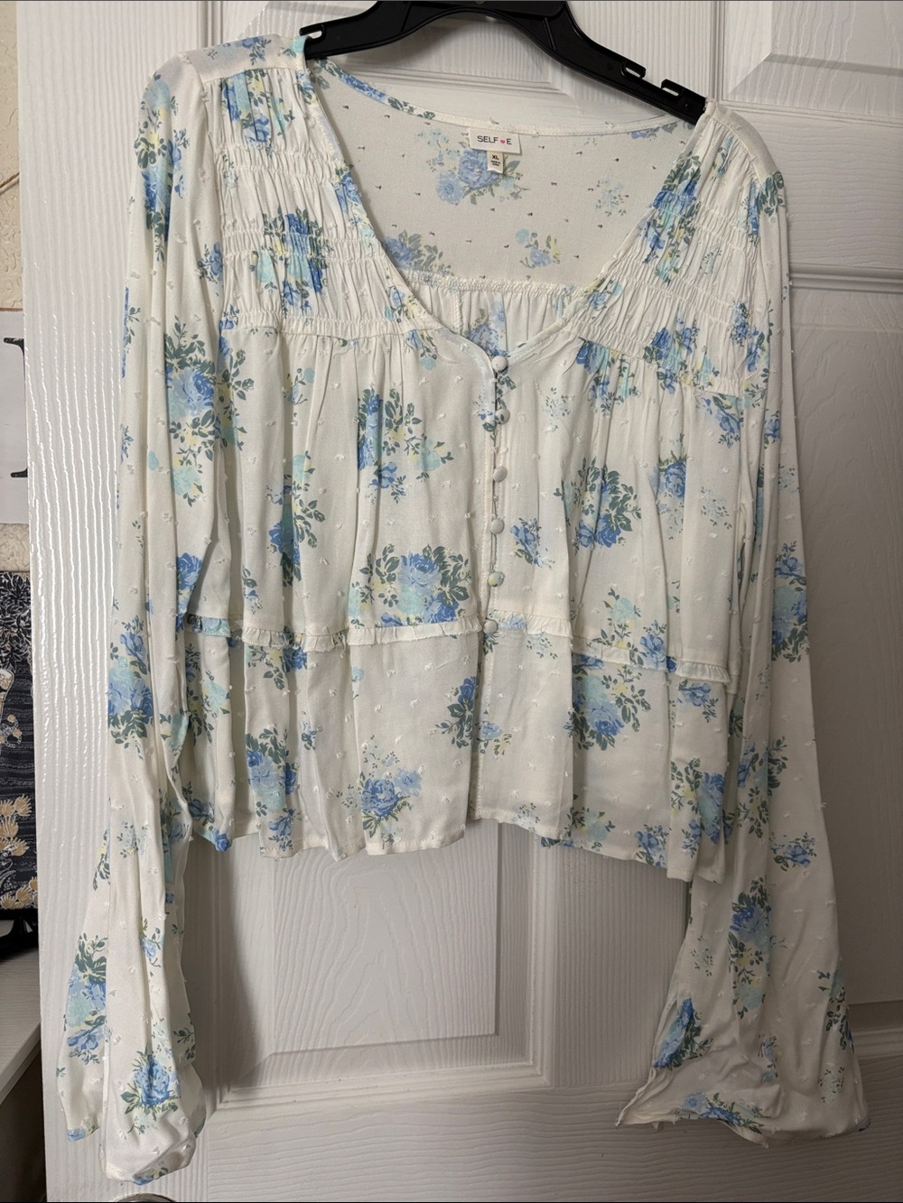 Self Esteem White Floral Button-Front Peasant Blouse